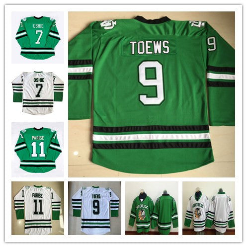 North Dakota Fighting Sioux College Jerseys Hockey 7 TJ Oshie 9 Jonathan Toews 11 Zach Parise Blank Green White University Retro Stitched