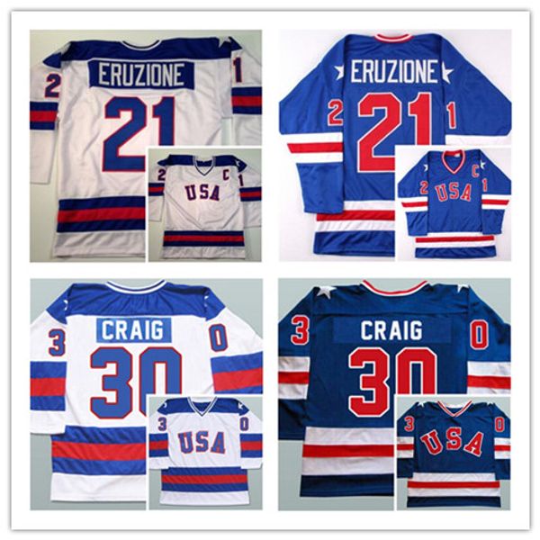 USA Ice Hockey Jerseys - Retro 1980 Alternate Stitched Blue White Sizes S-3XL