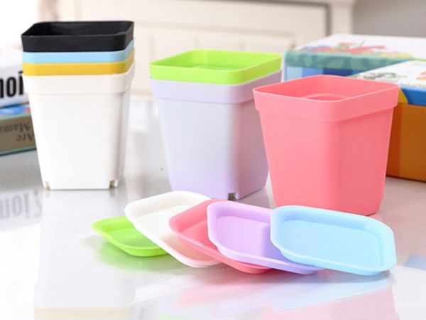 300sets-lot Fast shipping Bonsai Planters Plastic Table Mini Succulents Plant Pots and Plate Gardening Vase Square Flower Pot Colorful