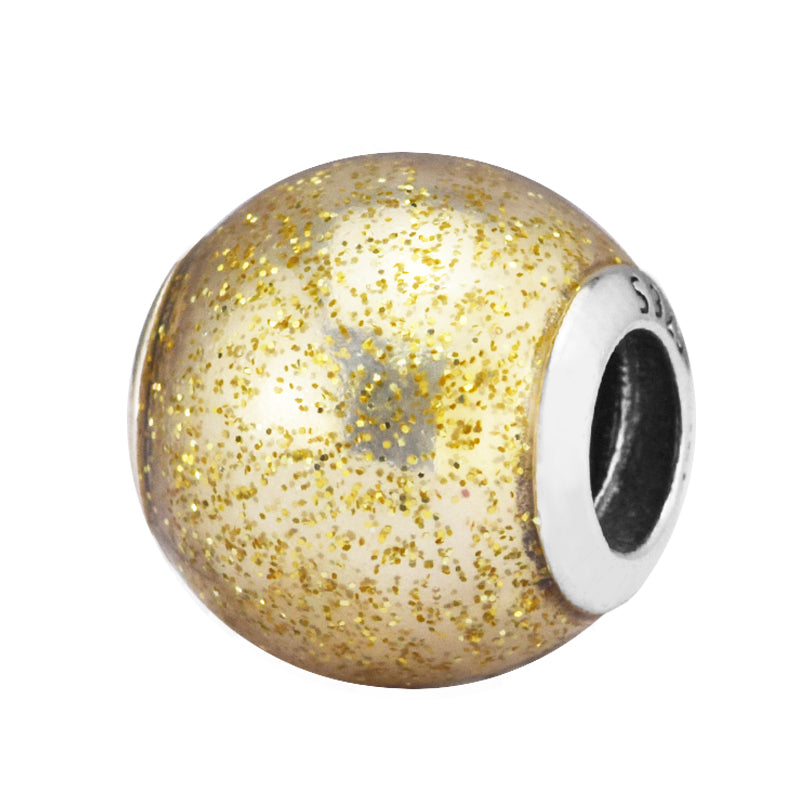 Authentic 925 Sterling Silver Jewelry Glitter Ball Charm, Golden Glitter Enamel Charms Beads Fits Pandora Bracelets For Women