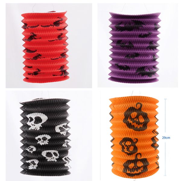 12pcs-lot Halloween Prop Telescopic Lantern Paper Pumpkin Witch Ghost Bat Pattern Cylinder Scaldfish More Color For Party Decoration