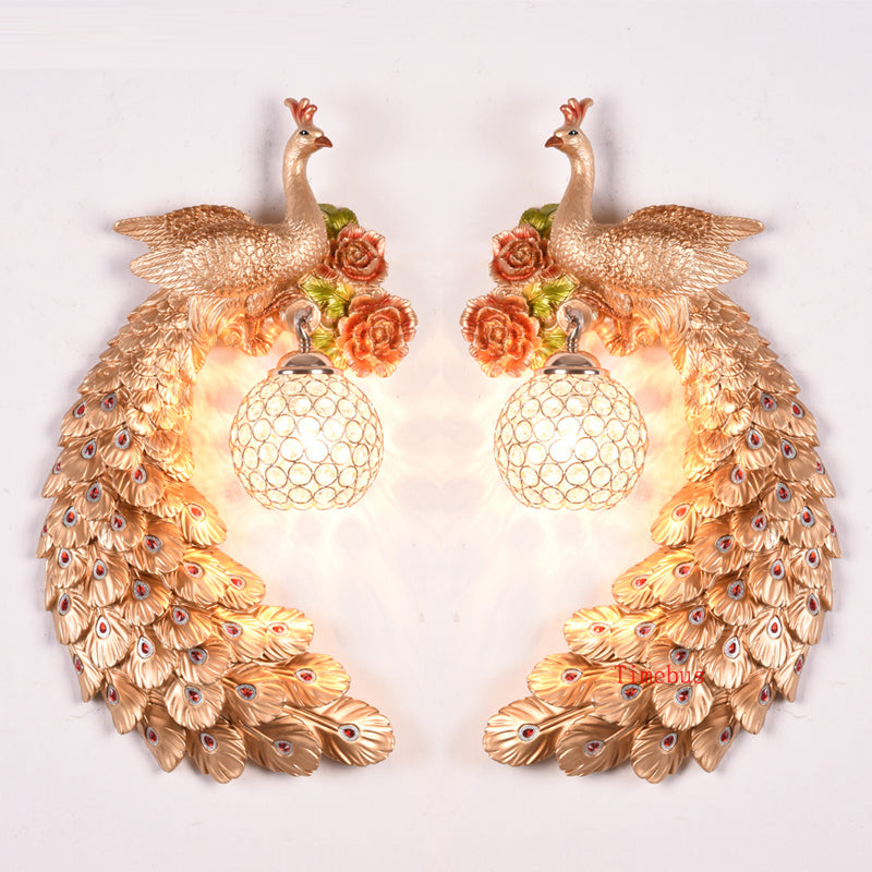 Retro crystal wall lamp living room background wall decoration lamps bedroom bedside peacock lights villa staircase lighting sconce