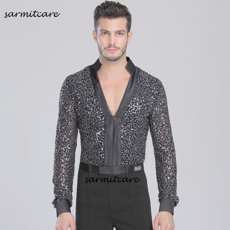Latin Male Latin Dance Shirt for Men Samba Dance Costumes Tango Samba Costume Dance Clothes Latin Shirts D0115 V Neck Long Sleeve Glitter
