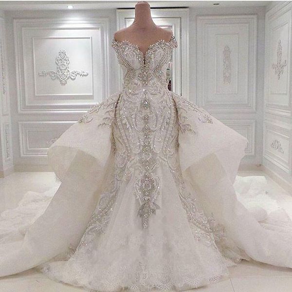2021 Portrait Mermaid Wedding Dresses With Overskirts Lace Ruched Sparkle Rhinstone Bridal Gowns Dubai Vestidos De Novia Custom Made