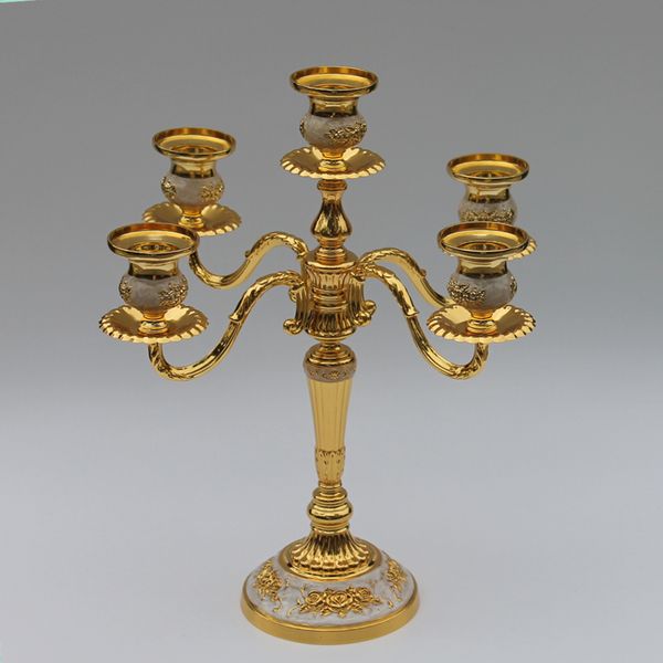 New arrival 5-arms shiny Golden plated centerpiece candelabra zinc alloy metal candle holder for wedding, events or party