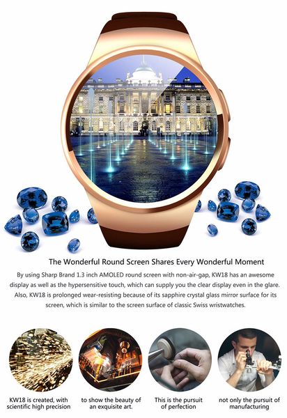 Bluetooth KW18 Smart Watch Connected WristWatch for Samsung HTC Huawei LG Xiaomi Android Smartphones Support Sync Call Messager