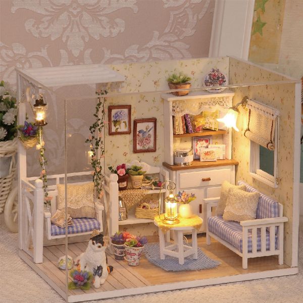 Wooden DIY Dollhouse Miniature Puzzle 3D Townhouse with Furniture for Kids Birthday Gift 2024