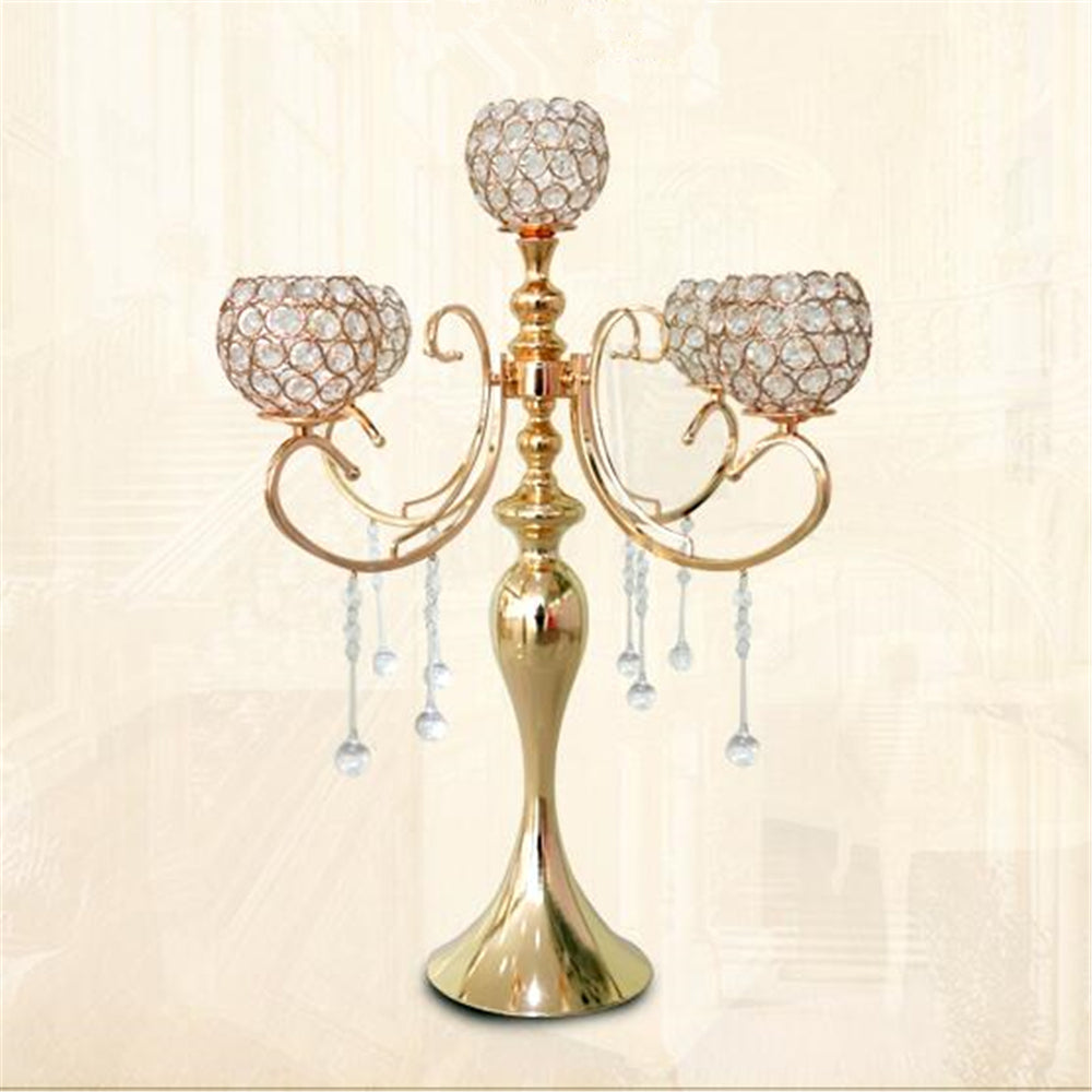 65cm height 5-arms metal Gold candelabras with pendants sumptuous wedding table candle holder home decoration 10 pcs-lot
