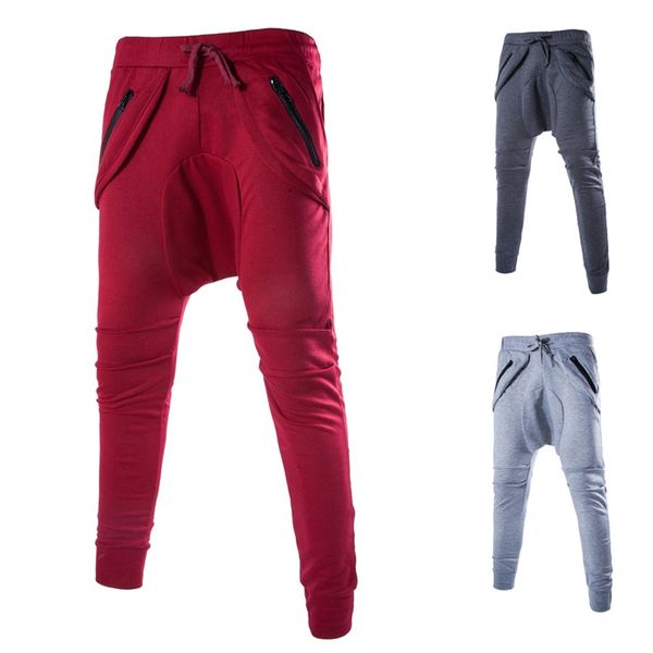 2016 spring England hip hop style Diagonal zipper low cross-pants men pants men Knitting sweatpants for men,M-2XL