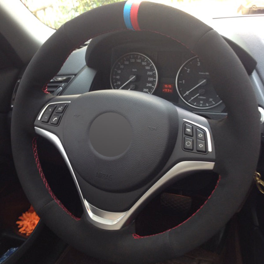 Black Suede DIY Hand-stitched Car Steering Wheel Cover for BMW X1 2014 2015