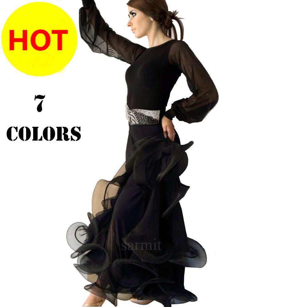 Women Dresses for Ballroom Dancing Tango Waltz Ballroom Dance Competition Dresses 2pcs Set 7 Choices D0638 Long Sleeve Big Hem