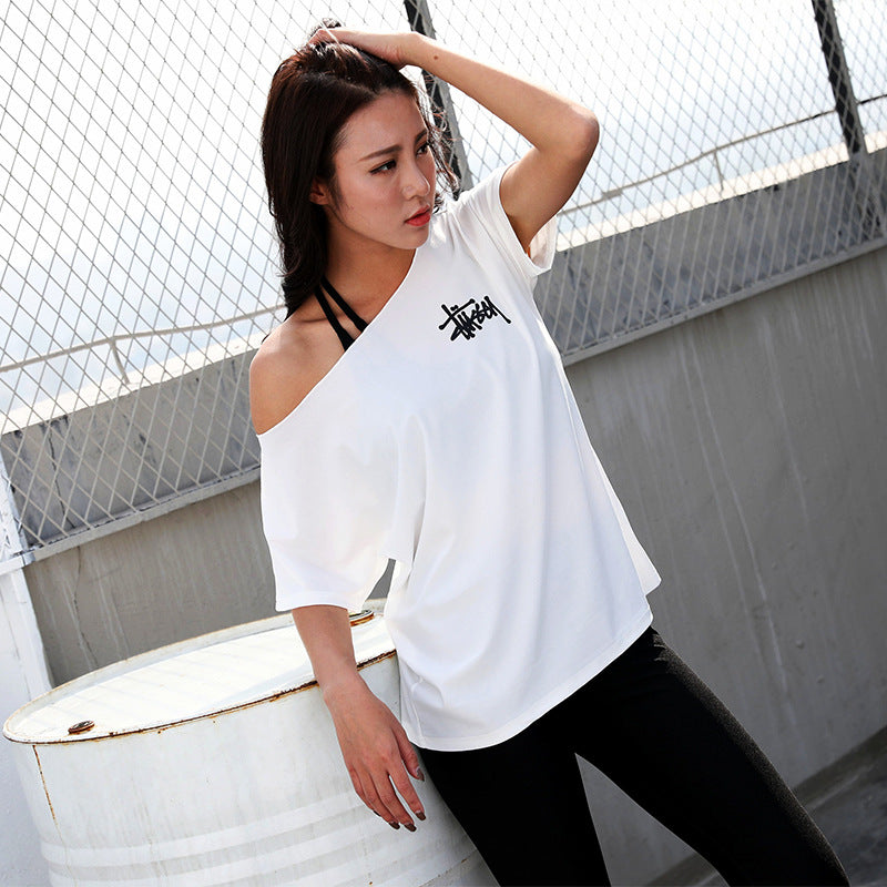 Loose Off-Shoulder Letter Printed Women Short Sleeve Sports Gym Fitness Running Quick Dry Yoga T Shirt Tops