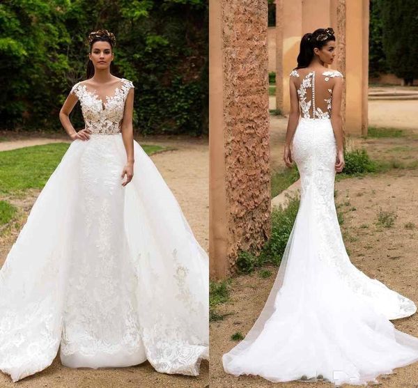 Elegant Lace Mermaid Dresses Illusion Cap Sleeves Tulle Applique Formal Wedding Bride Gowns With Detachable Skirtba7214