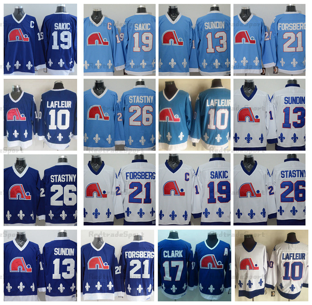 Mens Quebec Nordiques Vintage 19 Joe Sakic Hockey Jerseys Baby Blue 26 Stastny 13 Mats Sundin 21 Peter Forsberg 10 Guy Lafleur Jersey #17 Wendel Cla