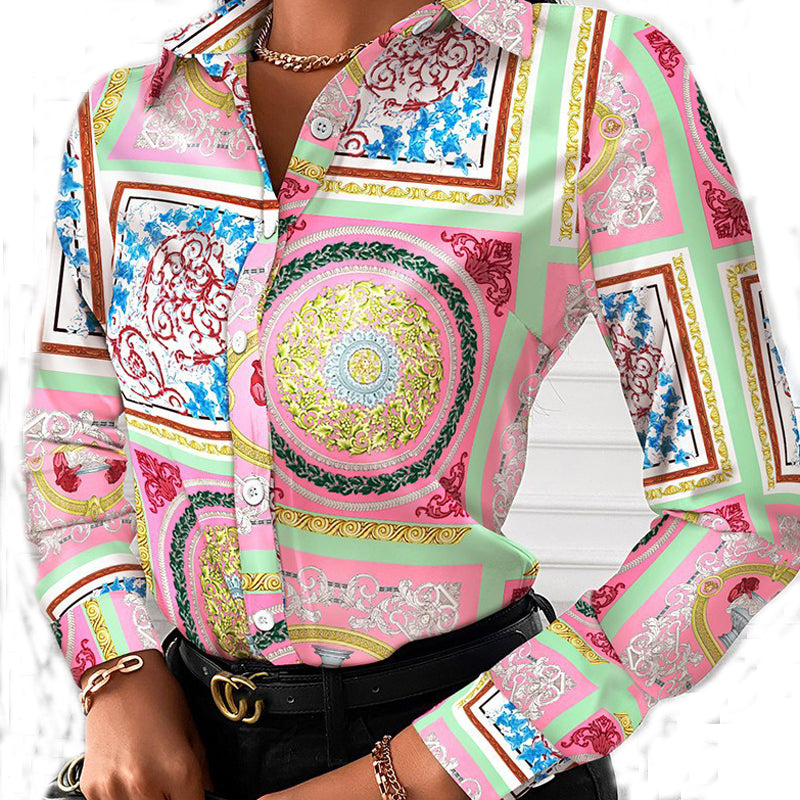 Amazon Hot Ladies Loose Long Sleeve Button Up Women Blouse Shirts Fashion Chain Printed Designer Plus Size Women&#039;s Blouses Top