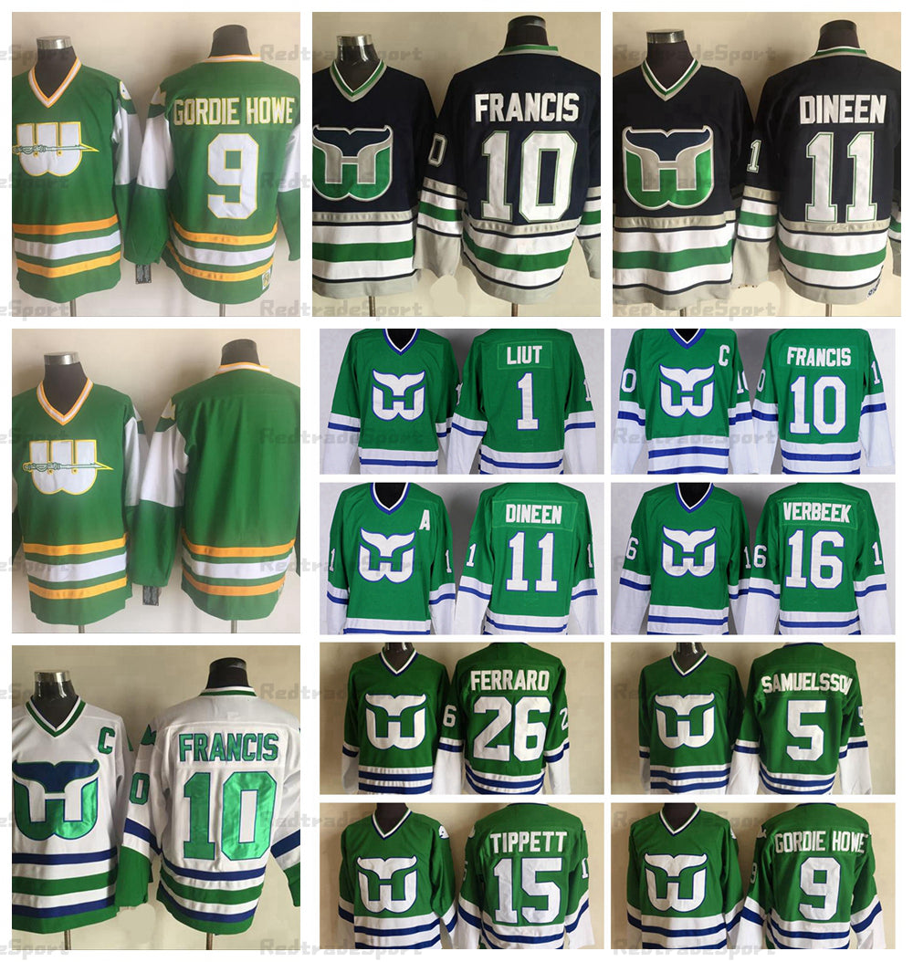 Mens Vintage Hartford Whalers 10 Ron Francis Hockey Jerseys 9 GORDIE HOWE 26 Ray Ferraro 5 Samuelsson 16 Pat Verbeek 11 Kevin Dineen 1 Mike Liut 15