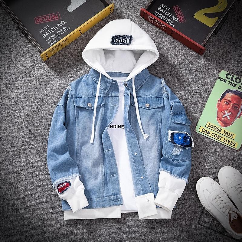 Men&#039;s Jackets Men Denim Jacket Streetwear Hip Hop Hooded Jean Male Loose Outerwear Slim Fit Coat Blue Fake 2 Pcs