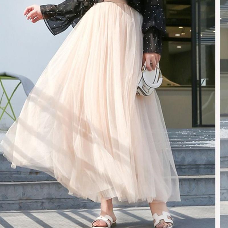 Skirts Women Mesh Tulle 3 Layers Summer Fall Casual Clothing Solid Elastic High Waist Sweet Pleated A-line Ladies Girls