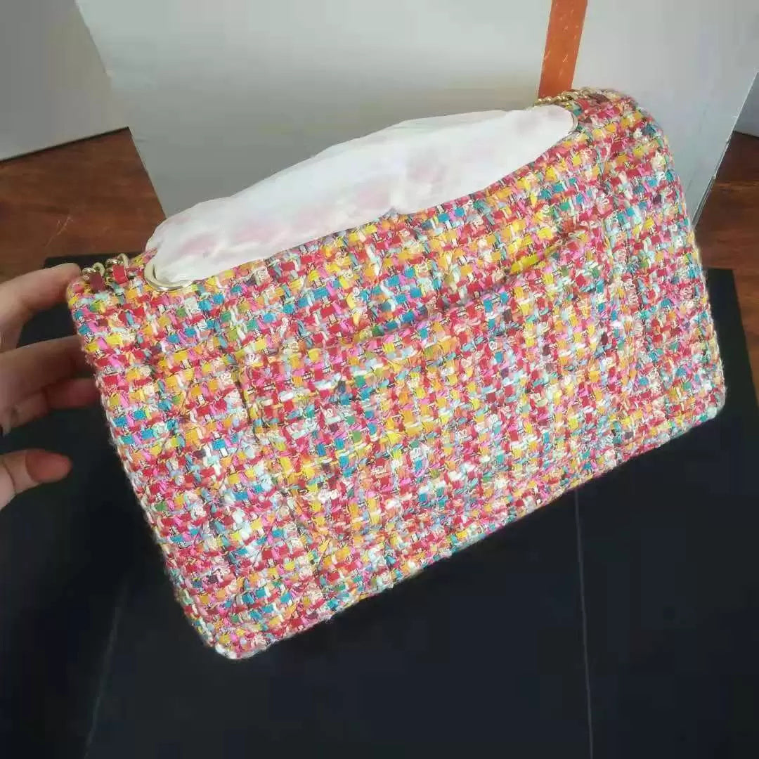 SS Colorful Two-tone Tweed Classic Double Flap Bags Red Large Capacity Gold Metal Matelasse Chain Totes Crossbody Shoulder Purse Luxury_handbags D3