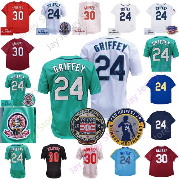 Ken Griffey Jersey Vintage 1989 1995 1997 2000 2005 Pinstripe Pullover Baby Blue White Green Red Mesh Hall of Fame Patch Retirement Adult S-