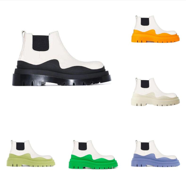 Two tone Tire Chelsea BOOTS women platform chunky boot lady luxe design men Calf desiger Low Tobe calfskin slip on style round toe boots White Blue