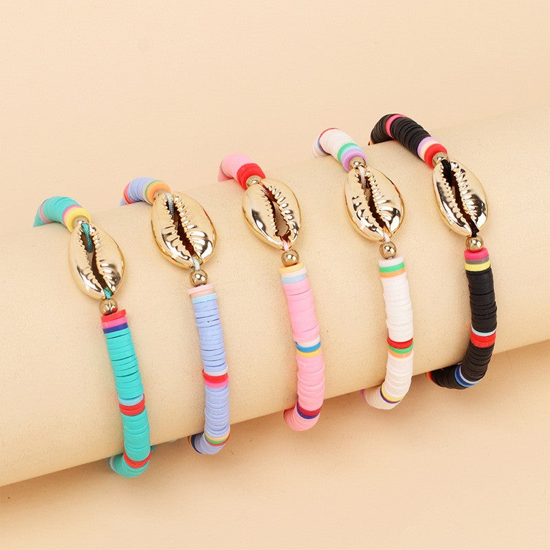 Gold Metal Shell Charm Bracelet Rainbow Color Polymer Clay Beads Bracelets Jewelry
