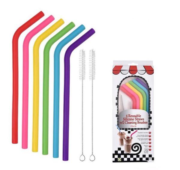 6pcs+2brush-set 23CM Candy Colors Silicone Straws Reusable Folded Bent Straight Straw Home Bar Accessory Silicone-Tube SN6540