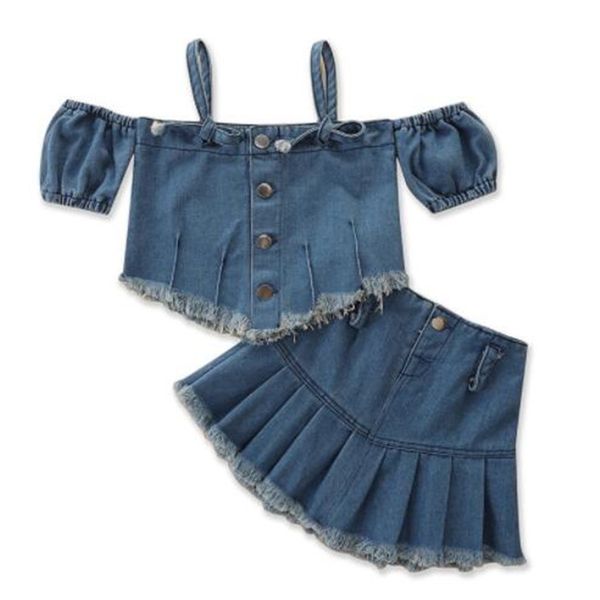 Fashion Children's Girls Clothing Sets Summer Denim Sg One-Shoulder Top + Pleated Skirt Two-piece Suit kids Baby Clothes