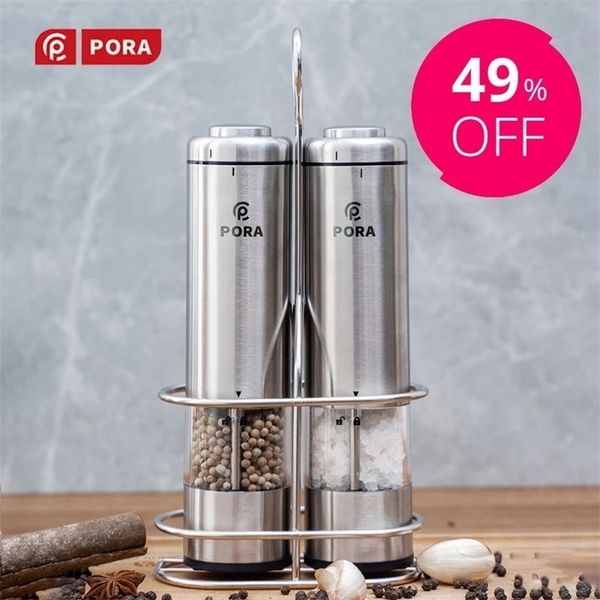PORA-Electric Spice Mill Pepper Grinder Stainless Steel Automatic Salt and Pepper Shaker Kitchen Tools Gift 220510