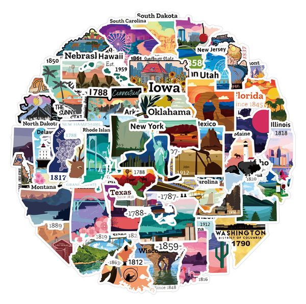 50pcs-set waterproof water bottle stickers United States map For skateboard car notebook laptop decor Helmet sticker PVC Guitar Decals