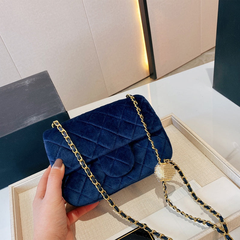 New European And American Fashion Women&#039;s Shoulder Bag Flip Small Golden Ball With Drill Adjustable Designer Handbag Velvet High-End Luxury Wal