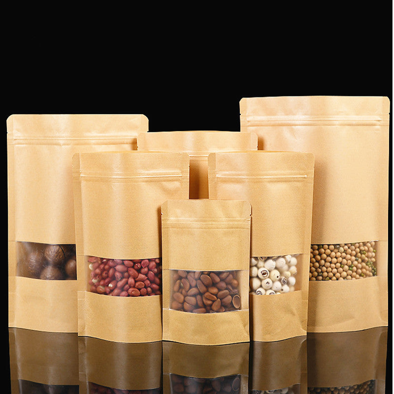 100pcs Thick Stand up Kraft Paper Frosted Window Zip Lock Bag Resealable Biscuits Ground Coffee Beans Snack Flower Tea Fruits NUts Gifts Storage Pou
