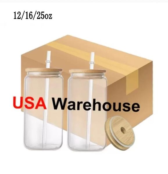 US Warehouse 16oz Sublimation Glass Mugs Glass Water Bottle Beer Can Tumbler Drinking Glasses With Bamboo Lid And Reusable Straw Iced Coffee