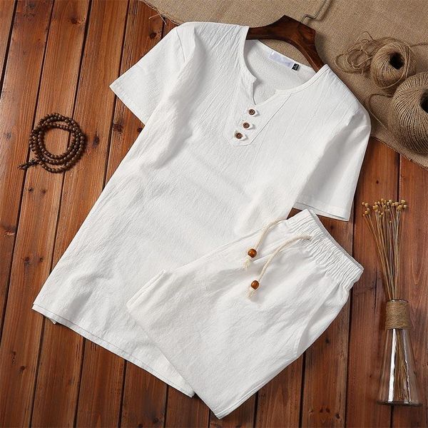 Mens Tracksuits Cotton Linen Chinese Style Men White Shirt Shorts Set Pullover Button Short Sleeve Shirts Plus 5XL 2022 Summer Casual Suit