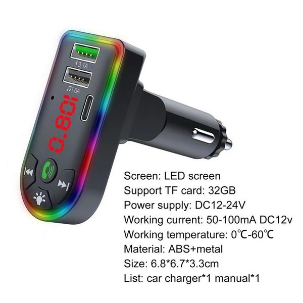 F7 Auto Bluetooth 5.0 MP3 Player 18W PD Charger FM Transmitter Receiver with Light Hands-free Call Car Accessories Interior