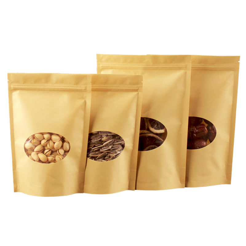 100pcs Thick Stand up Kraft Paper Clear Oval Window Zip Lock Bag Resealable Coffee Powder Snack Cereals Candy Bakery Sugar Gifts Packaging Storage P