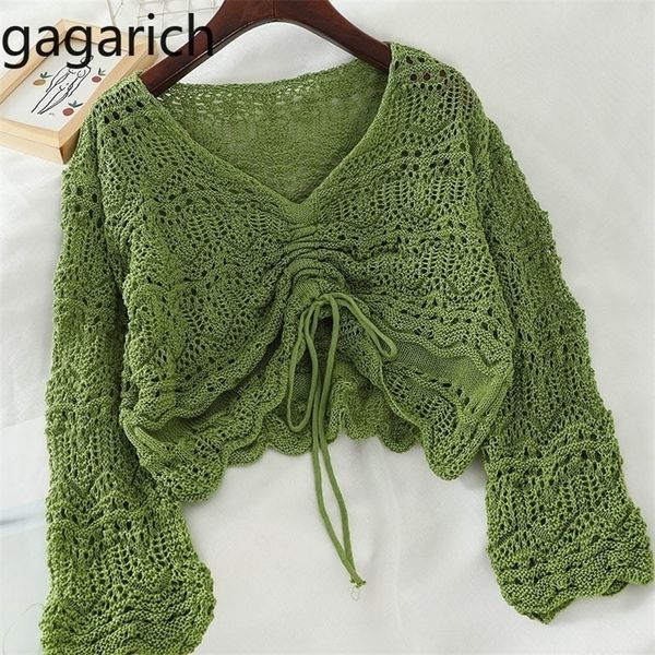 Gagarich Women Blouse Korean Style Autumn Spring Loose V-neck Hollow Out Drawstring Pleated Short Candy-Colored Tops 220402