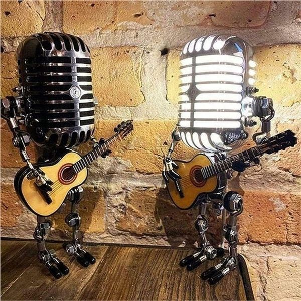 Metal Microphone Robot Retro Table Lamp Statue Model Adjustable Luminous Table Lamp Decoration Handheld Guitar Desktop Ornament 220406