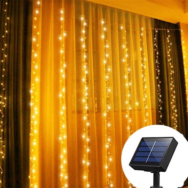 Solar Powered 300 LED Window Curtain Fairy Lights Copper Wire String Lights for Outdoor Wedding Party Garden Bedroom Decoration 220408