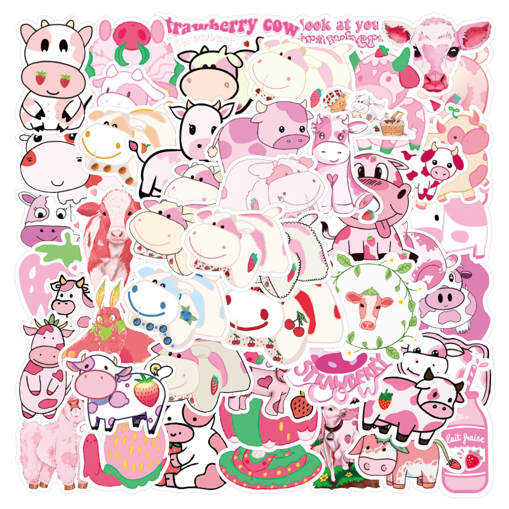 50PCS Cute Pink Cattle Mix Animal Fruit Graffiti Sticker Aesthetic For Cartoon Kawaii Water Bottle Decals Laptop Diy Phone Case Luggage Skateboard N