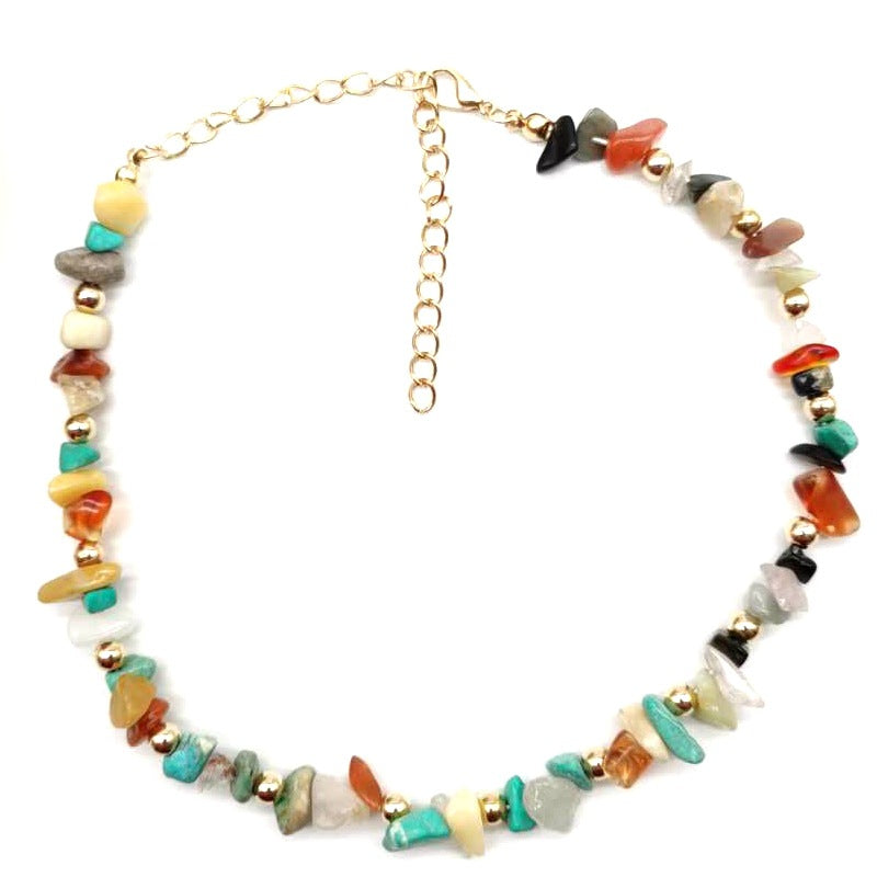 New Fashion Rainbow Color Natural Stone Choker Necklace Handmade Gravel Jewelry