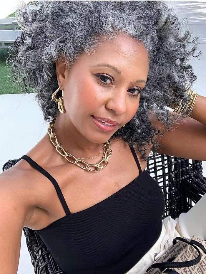 Hot ponytail puff bun updo hairstyle for growing out grey hair with highlights salt and pepper natural gray women hair extension black white silver