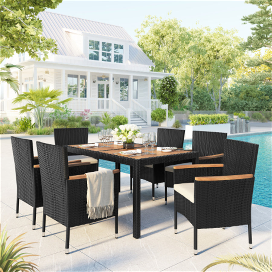7-Piece Outdoor Patio Dining Set Garden PE Rattan Wicker Table and Chairs Acacia Wood Tabletop Stackable Armrest Chairs with Cushions 2022