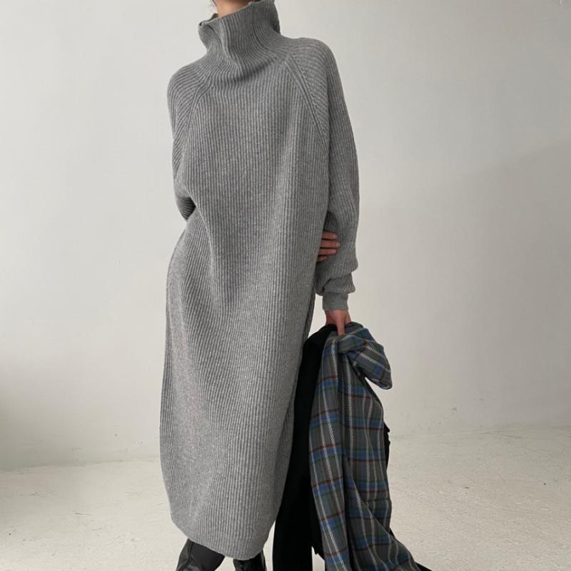 Casual Dresses Winter Oversized Sweater Dress Women Vintage Turtleneck Midi Ladies Solid Lazy Korean Fashion Knitting