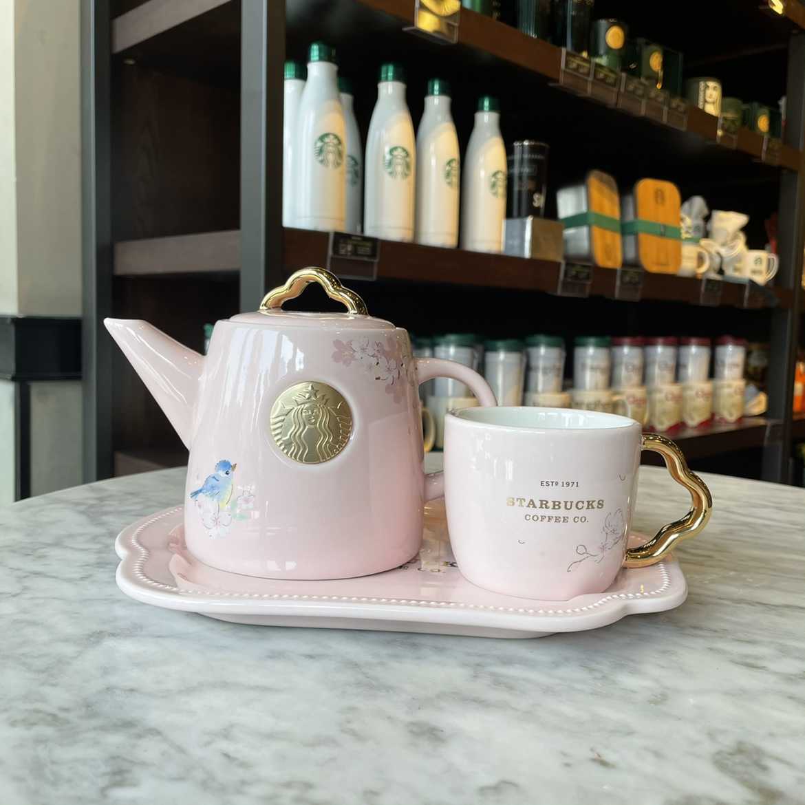 2022 Starbucks cup Cherry Blossom bird singing flower fragrance teapot tea cup water Cup Mug Set 600ml