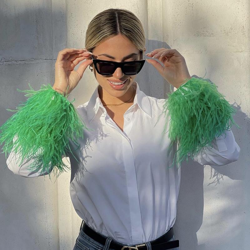 Women&#039;s Blouses & Shirts White Shirt Patchwork Cuff Green Furry Feather Women 2022 Spring Long Sleeve Vintage Chic Loose Blouse Elegant Butt