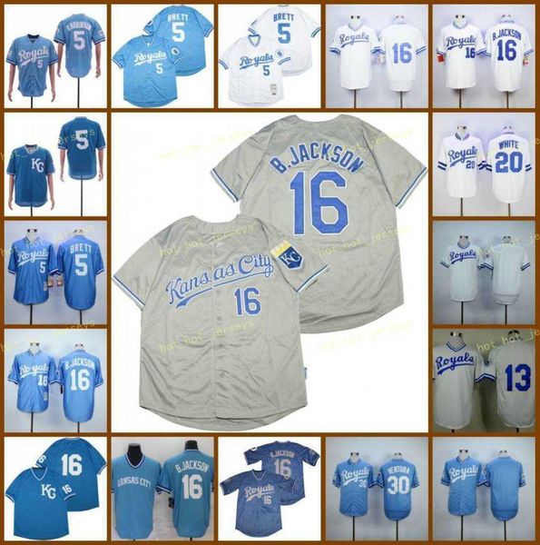 Retired 16 Bo Jackson Baseball Jersey 5 George Brett 13 Salvador Perez 20 WHITE 30 Yordano Ventura 1985 1987 Vintage Retro Cooperstown Mesh