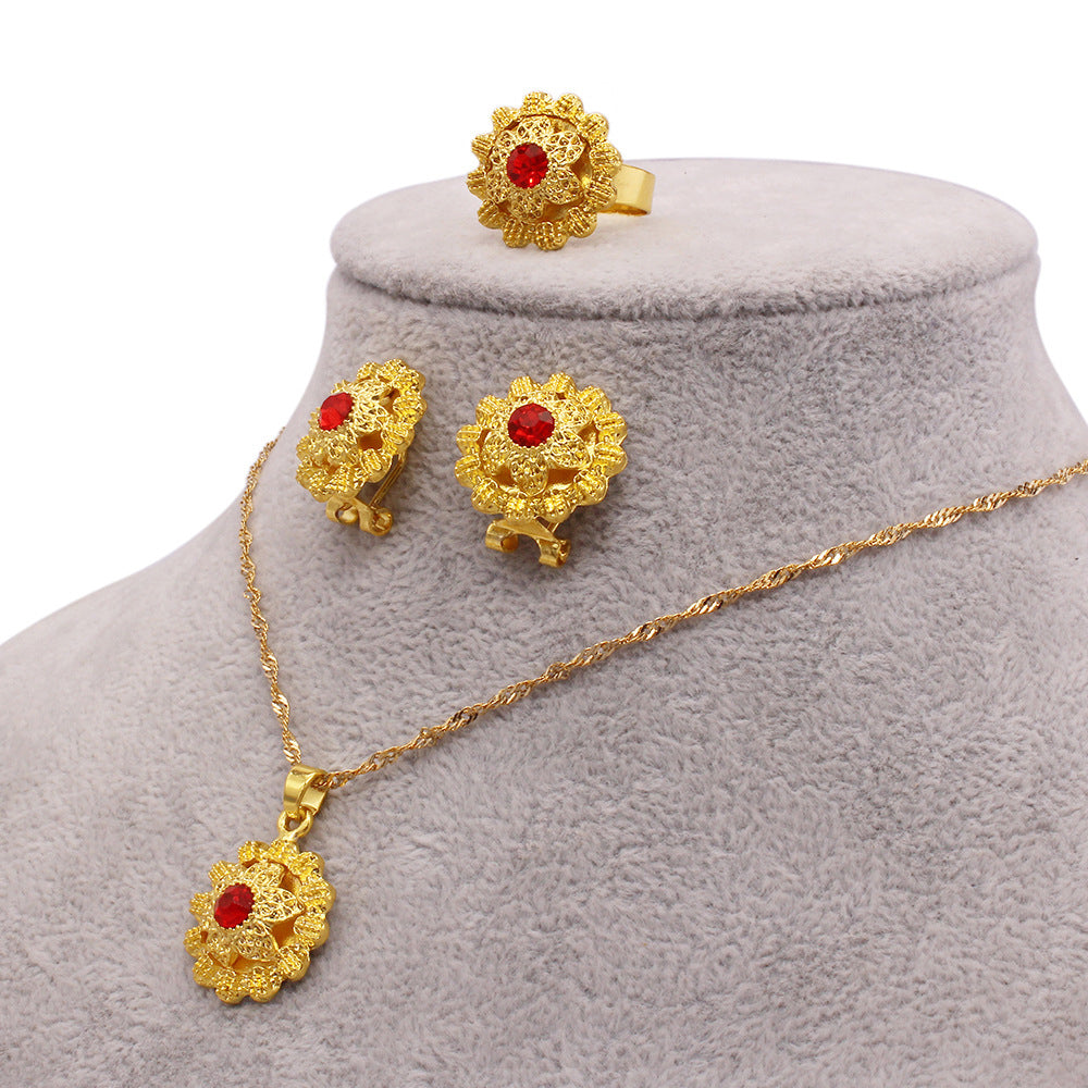 3 Pieces of Jewelry Set Women Pendant+Earrings+Ring Sunflower Shaped 24k Ethiopian Arabia Indian Dubai African Wedding Party Bridal Gift