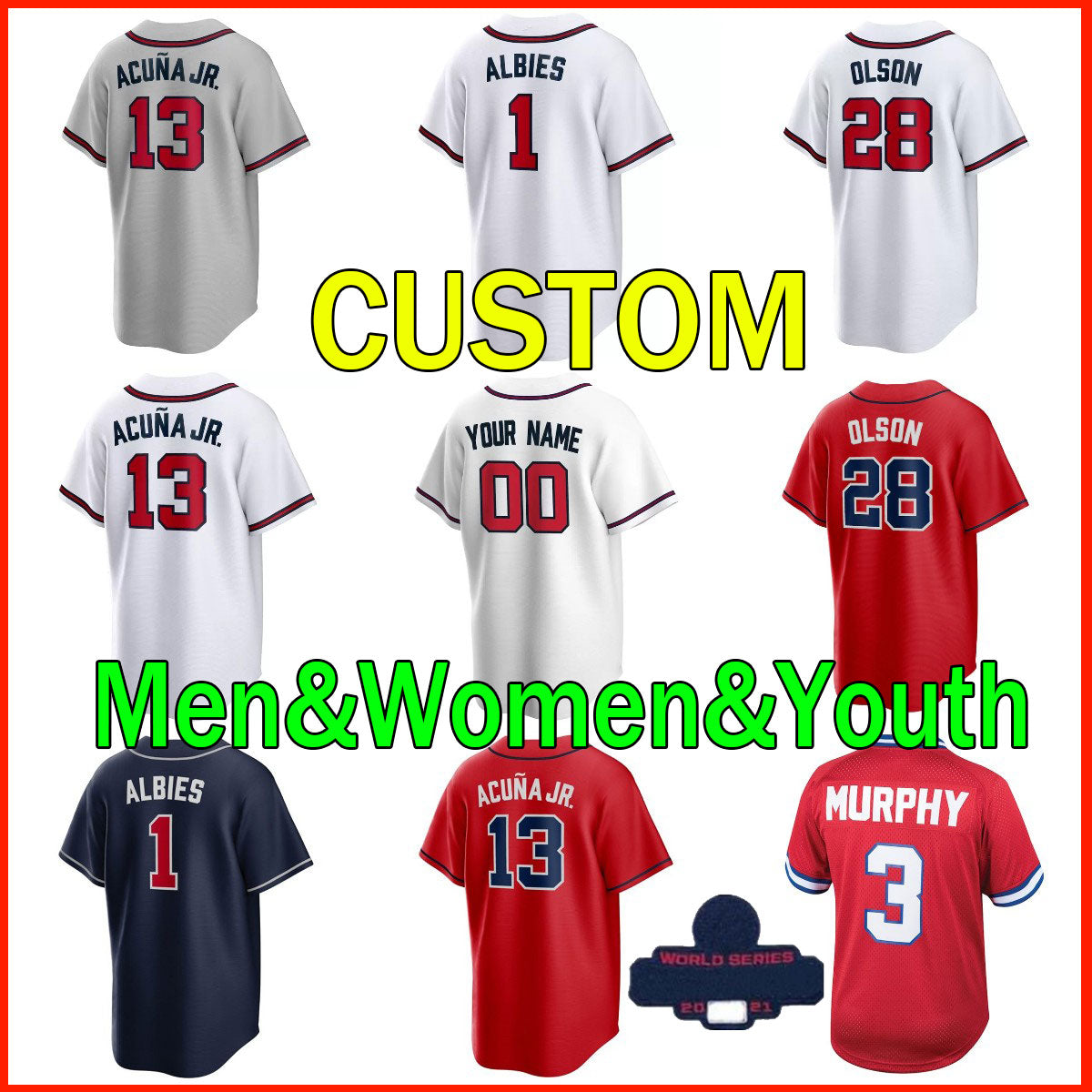 2022 Dansby Swanson Baseball Jerseys 13 Ronald Acuna Jr. 27 Austin Riley 1 Ozzie Albies 28 Matt Olson Jersey Custom Men Women Youth Chipper Jones Ma