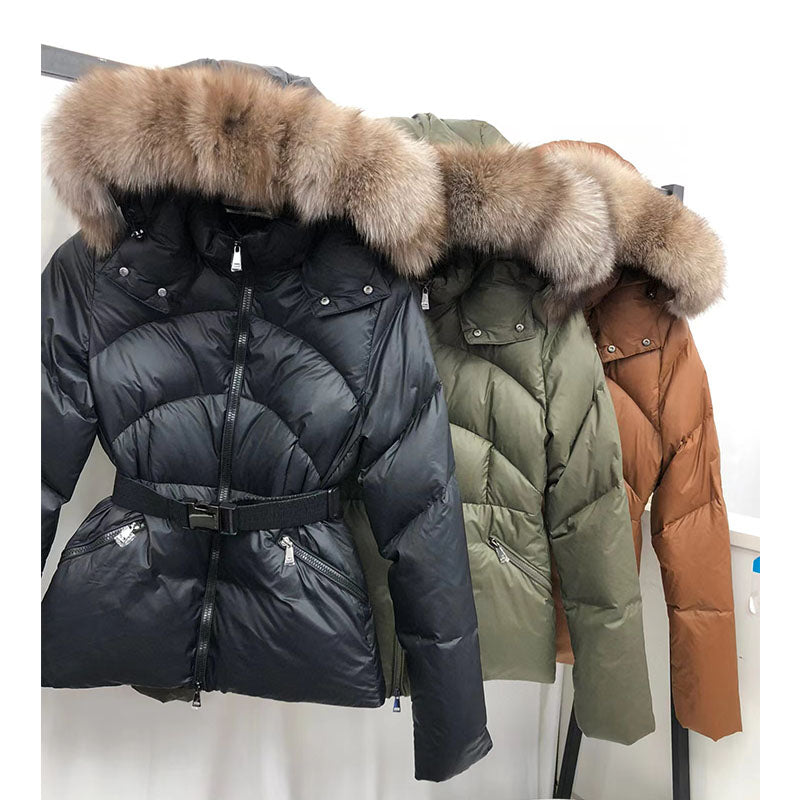 2022 Women&#039;s Fashion Hooded Casual Down Puffer Jacket Warm fox fur collar slim fit Short Parkas Female Coat Winter Outerwear